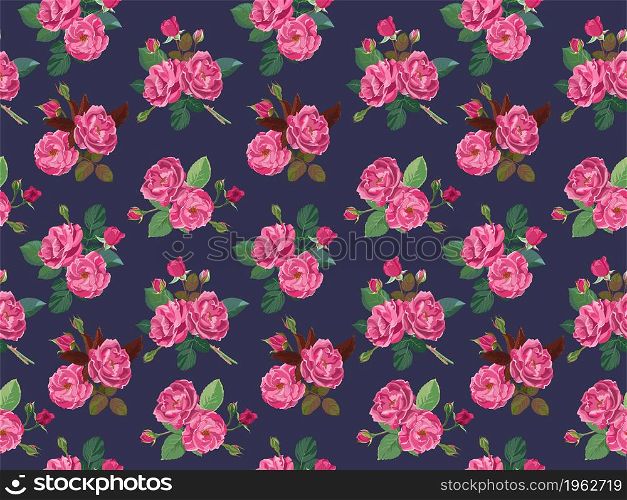 Roses or peonies in blossom, print or background with floral ornaments and elements. Feminine print seamless pattern. Flowers in bloom, composition with foliage and buds. Vector in flat style. Pink roses or peonies in blossom seamless pattern