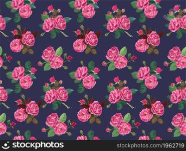 Roses or peonies in blossom, print or background with floral ornaments and elements. Feminine print seamless pattern. Flowers in bloom, composition with foliage and buds. Vector in flat style. Pink roses or peonies in blossom seamless pattern