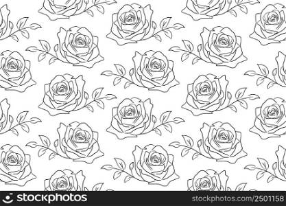 Roses outline seamless pattern. Black and white hand-drawn contour line. Illustration for background greeting card and wedding invitations. Happy Valentine&rsquo;s day.