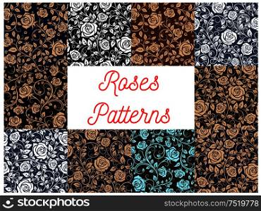 Roses seamless floral pattern backgrounds. Luxurious wallpapers with flowery rose plants ornaments. Roses seamless pattern backgrounds