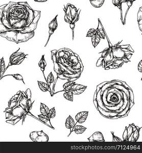 Roses seamless pattern. Hand drawn rose floral textere. Flower fabric repeat vector vintage background. Rose with petal sketch illustration. Roses seamless pattern. Hand drawn rose floral textere. Flower fabric repeat vector vintage background