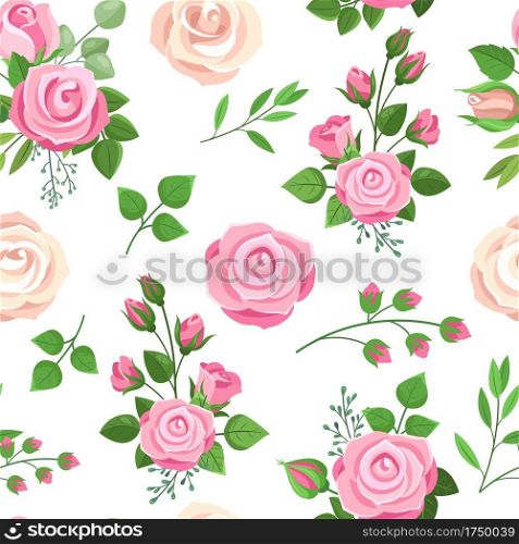 Roses seamless pattern. Red, white and pink roses with leaves. Wedding floral romantic decor for invitation cards. Vector texture bouquet floral rose pink, wedding romantic illustration. Roses seamless pattern. Red, white and pink roses with leaves. Wedding floral romantic decor for invitation cards. Vector texture