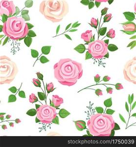 Roses seamless pattern. Red, white and pink roses with leaves. Wedding floral romantic decor for invitation cards. Vector texture bouquet floral rose pink, wedding romantic illustration. Roses seamless pattern. Red, white and pink roses with leaves. Wedding floral romantic decor for invitation cards. Vector texture