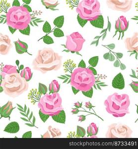 Roses seamless pattern. Rose print, flowers textile design. Botanical art for wallpaper, vintage pink ivory floral with branches, neoteric vector background. Illustration of rose seamless pattern. Roses seamless pattern. Rose print, flowers textile design. Botanical art for wallpaper, vintage pink ivory floral with branches, neoteric vector background