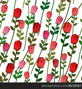 Roses seamless pattern. Rose with a long stem and leaves. Vector vintage background of beautiful red and pink flowers. Floral retro ornament.