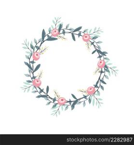 Roses, solidaster and eucalyptus flower wreath. Green decorative ivy. Spring floral vintage round frames. Creeper plant flat vector illustration