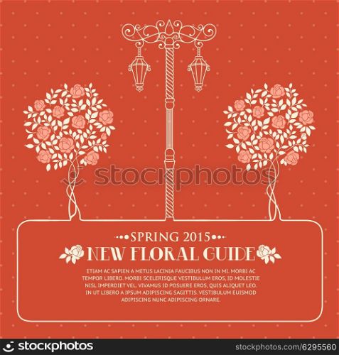 Roses trees and street light over red backgrond with template text. Vector illustration.