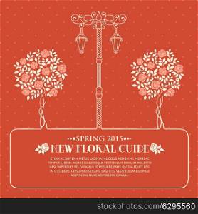 Roses trees and street light over red backgrond with template text. Vector illustration.
