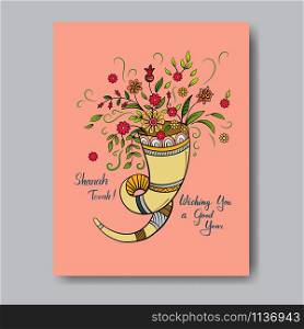 Rosh hashanah - Jewish New Year card template with shofar and flowers. Hand drawn vector illustration.. Rosh Hashanah greeting card