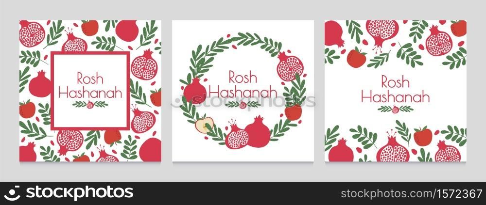 Rosh hashanah. Jewish new year greeting cards with pomegranate and apple. Judaism shana tova holiday vector backgrounds. Wreath with plant leaves and fruit. Festive event invitation set. Rosh hashanah. Jewish new year greeting cards with pomegranate and apple. Judaism shana tova holiday vector backgrounds