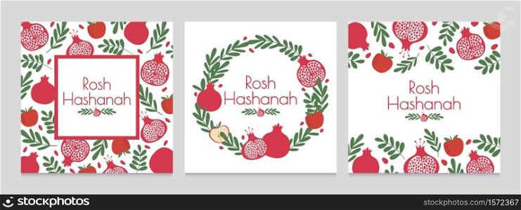 Rosh hashanah. Jewish new year greeting cards with pomegranate and apple. Judaism shana tova holiday vector backgrounds. Wreath with plant leaves and fruit. Festive event invitation set. Rosh hashanah. Jewish new year greeting cards with pomegranate and apple. Judaism shana tova holiday vector backgrounds
