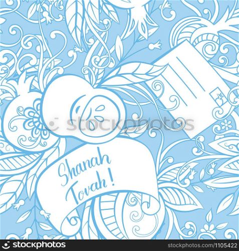 Rosh Hashanah Jewish New Year seamless pattern. Hand drawn elements apples, pomegranate greeting cards and flowers. Vector illustration blue background.. Rosh Hashanah Jewish New Year seamless pattern.