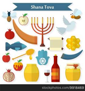 Rosh Hashanah, Shana Tova flat vector icons set.. Rosh Hashanah, Shana Tova flat vector icons set