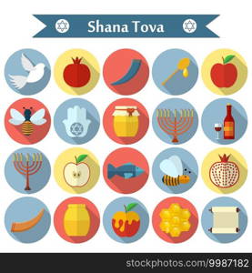 Rosh Hashanah, Shana Tova flat vector icons set.. Rosh Hashanah, Shana Tova flat vector icons set