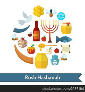 Rosh Hashanah, Shana Tova flat vector icons set.. Rosh Hashanah, Shana Tova flat vector icons set