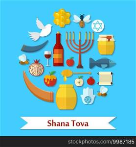 Rosh Hashanah, Shana Tova flat vector icons set.. Rosh Hashanah, Shana Tova flat vector icons set
