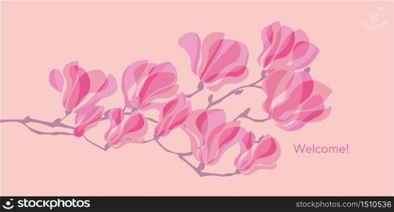 Rosy abstract decorative magnolia flower blossom branch. Floral vector element for card, header, invitation, poster, social media, post publication.