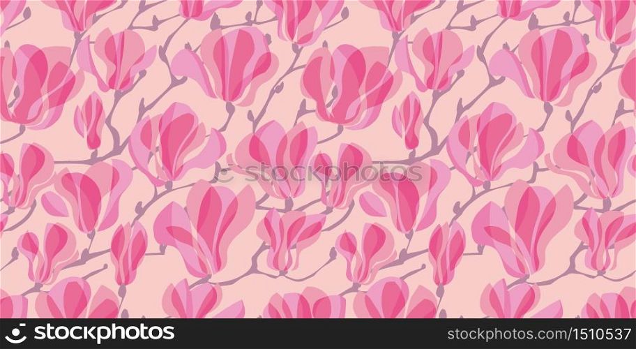 Rosy abstract decorative magnolia flower blossom branch rapport. Floral seamless pattern for background, fabric, textile, wrap, surface, web and print design.