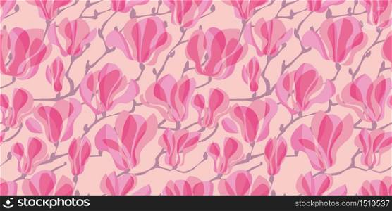 Rosy abstract decorative magnolia flower blossom branch rapport. Floral seamless pattern for background, fabric, textile, wrap, surface, web and print design.