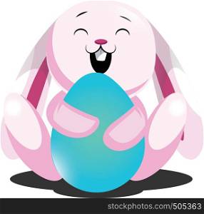 Rosy easter bunny hugging blue egg illustration web vector on white background