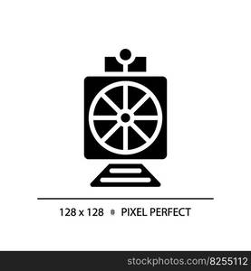 Rotary snow plow pixel perfect black glyph icon. Steam train. Railroad maintenance. Road cleaning. Heavy machine. Silhouette symbol on white space. Solid pictogram. Vector isolated illustration. Rotary snow plow pixel perfect black glyph icon