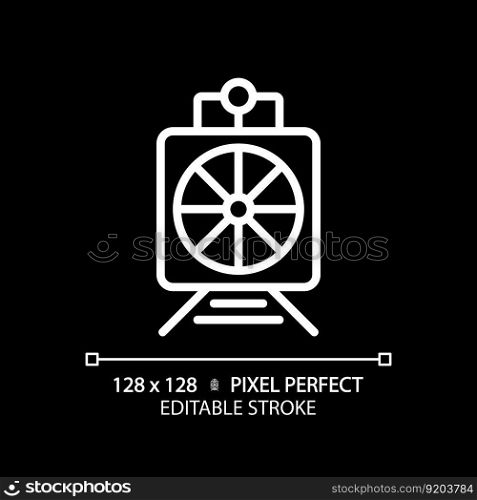 Rotary snow plow pixel perfect white linear icon for dark theme. Steam train. Railroad maintenance. Road cleaning. Thin line illustration. Isolated symbol for night mode. Editable stroke. Rotary snow plow pixel perfect white linear icon for dark theme