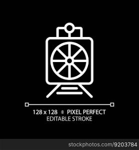 Rotary snow plow pixel perfect white linear icon for dark theme. Steam train. Railroad maintenance. Road cleaning. Thin line illustration. Isolated symbol for night mode. Editable stroke. Rotary snow plow pixel perfect white linear icon for dark theme