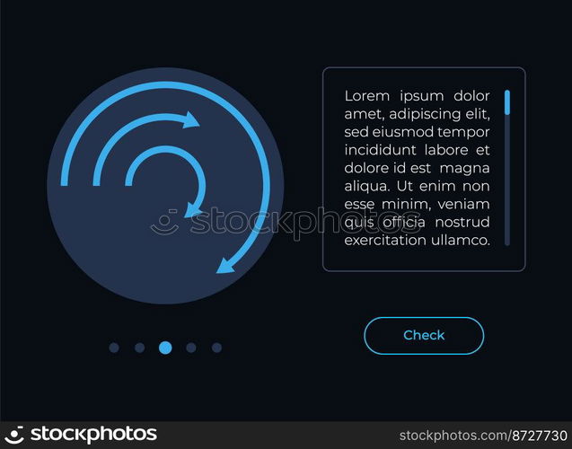 Rotating arrows chart UI element template. Editable isolated vector dashboard component. Flat user interface. Visual data presentation. Web design widget for mobile application with dark theme. Rotating arrows chart UI element template