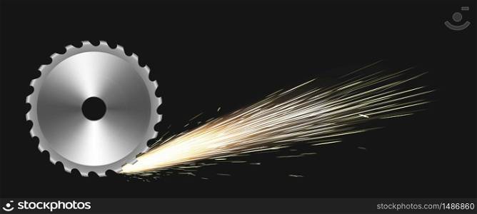 Rotating circular saw blade with fire sparks. Vector realistic illustration with flare effect of cutting metal by steel saw disc isolated on black background. Weld sparks of industrial works with iron. Rotating circular saw blade with fire sparks