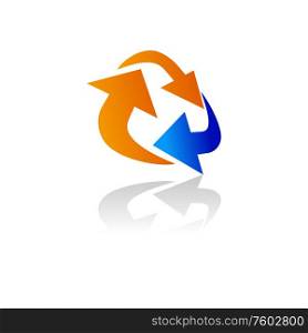 Rotation of orange and blue arrows in circle isolated. Vector circular movement of pointers. Circular rotation of arrows isolated lifecycle