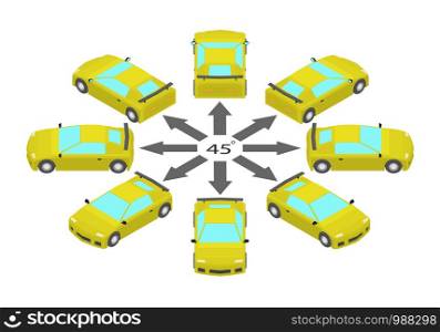 Rotation of the sport car by 45 degrees. Yellow sports car in different angles in isometric.