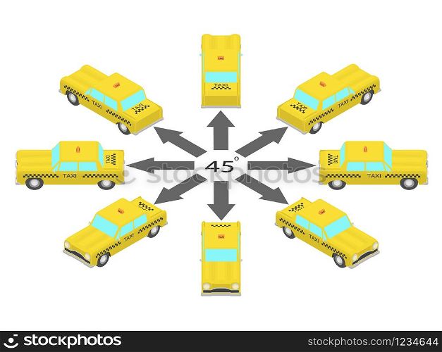 Rotation of the taxi car by 45 degrees. Cab in different angles in isometric.