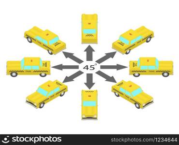 Rotation of the taxi car by 45 degrees. Cab in different angles in isometric.