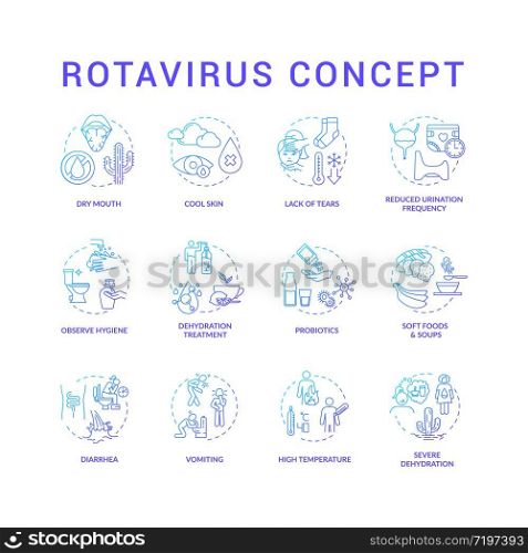 Rotavirus blue concept icons set. Dry mouth. Cool skin. Observe hygiene. Wash hands. Virus infection symptoms idea thin line RGB color illustrations. Vector isolated outline drawings