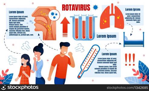 Rotavirus Common Disease. Family has Contracted Rotavirus and Sick. Parents and Children are Infected and Coughing. Action Infographic for Sick. Vector Illustration Diarrhea Healthy Assistance Banner.. Rotavirus Common Family Diarrhea Disease Infected