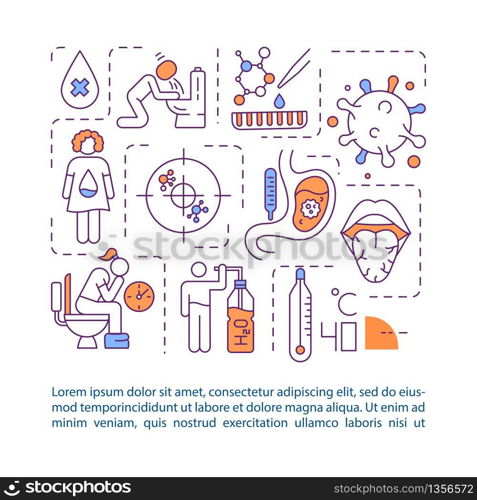 Rotavirus symptoms concept icon with text. Foodborne infection signs. Gastroenteritis PPT page vector template. Brochure, magazine, booklet design element with linear illustrations