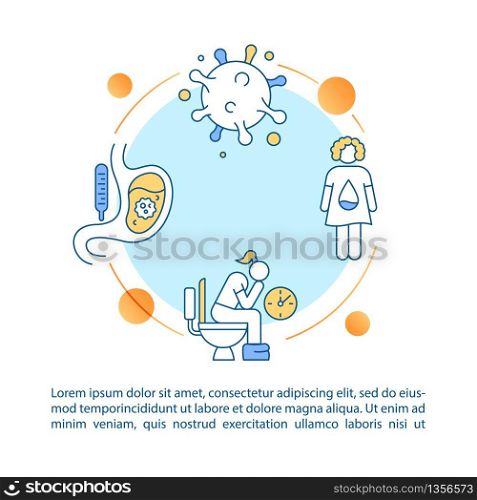 Rotavirus symptoms concept icon with text. Foodborne infection signs. Salmonella bacteria PPT page vector template. Brochure, magazine, booklet design element with linear illustrations