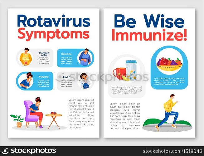 Rotavirus symptoms flat vector brochure template. Be wise, immunize! Flyer, booklet, printable leaflet design. Magazine page, cartoon annual reports, infographic posters with text space