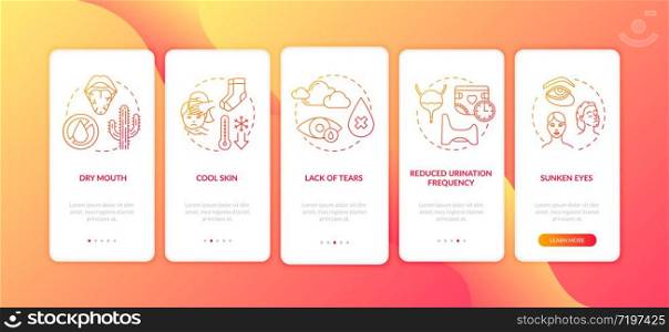 Rotavirus symptoms onboarding mobile app page screen with concepts. Reduced urination frequency infection sign walkthrough 5 steps graphic instructions. UI vector template with RGB color illustrations