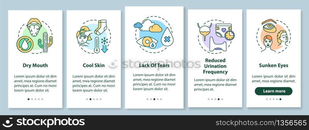 Rotavirus symptoms onboarding mobile app page screen with concepts. Contagious disease. Viral infection signs walkthrough 5 steps graphic instructions. UI vector template with RGB color illustrations