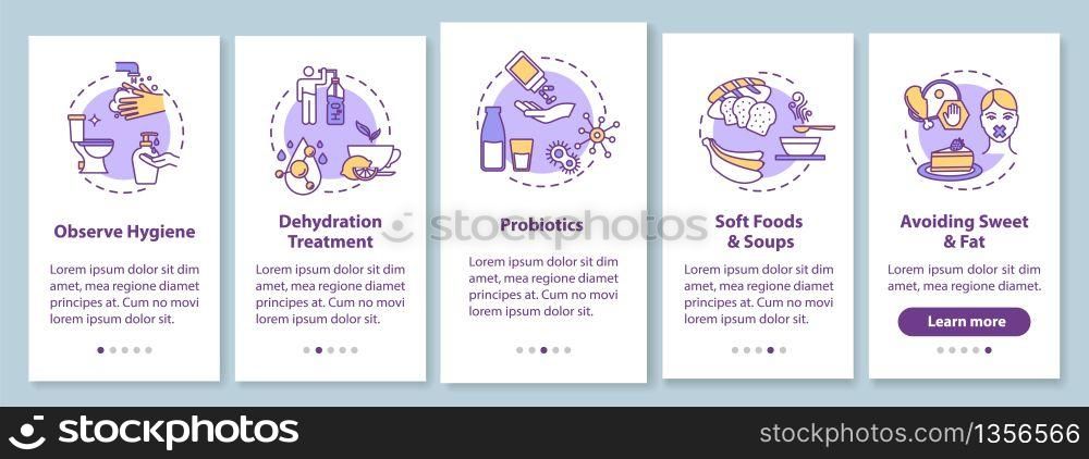 Rotavirus treatment onboarding mobile app page screen with concepts. Food poisoning and infection prevention walkthrough 5 steps graphic instructions. UI vector template with RGB color illustrations