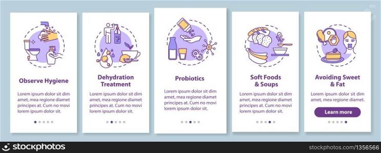 Rotavirus treatment onboarding mobile app page screen with concepts. Food poisoning and infection prevention walkthrough 5 steps graphic instructions. UI vector template with RGB color illustrations