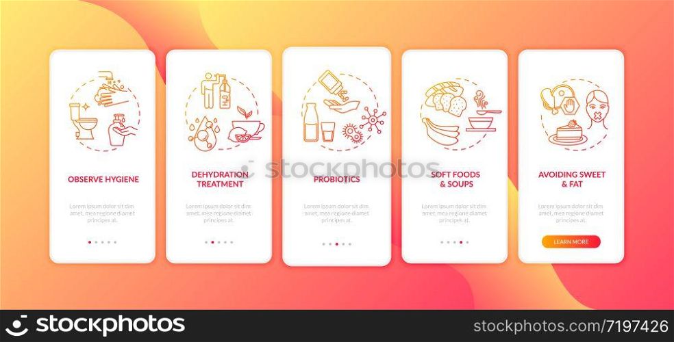 Rotavirus treatment onboarding mobile app page screen with concepts. Infection and food poisoning prevention walkthrough 5 steps graphic instructions. UI vector template with RGB color illustrations