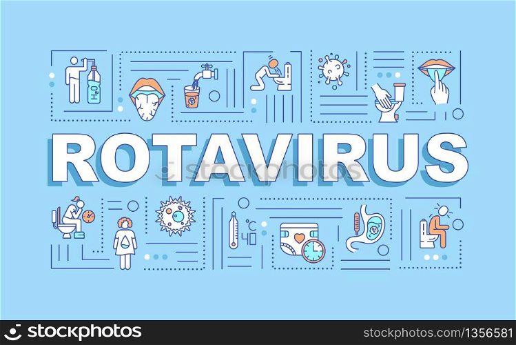 Rotavirus word concepts banner. Virus infection pandemic. Patient with disease. Infographics with linear icons on blue background. Isolated typography. Vector outline RGB color illustration