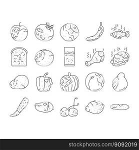 rotten food fruit waste garbage icons set vector. organic green, mold bad, nature rot, trash dirty, compost spoiled, damaged vegetable rotten food fruit waste garbage black contour illustrations. rotten food fruit waste garbage icons set vector