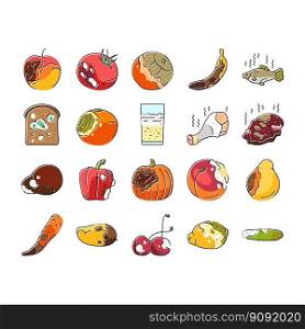 rotten food fruit waste garbage icons set vector. organic green, mold bad, nature rot, trash dirty, compost spoiled, damaged vegetable rotten food fruit waste garbage color line illustrations. rotten food fruit waste garbage icons set vector