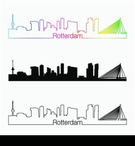 Rotterdam skyline linear style with rainbow in editable vector file