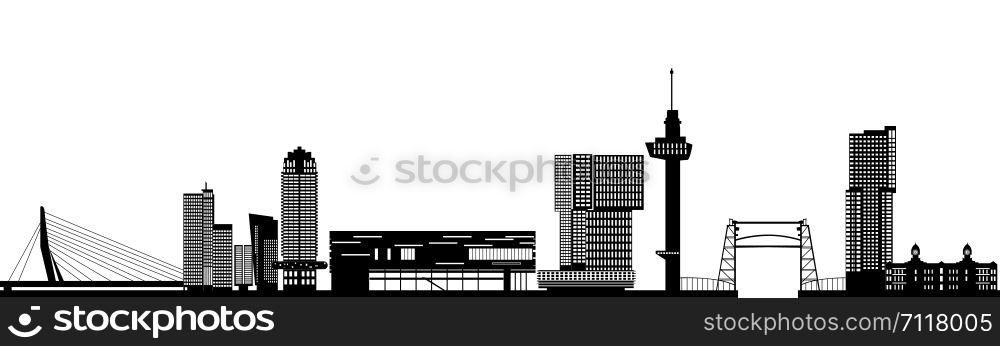 Rotterdam skyline with hotel, landmarks erasmusbridge and modern architecture and text bar the place of the europian song festival 2020. Rotterdam skyline netherlands with text