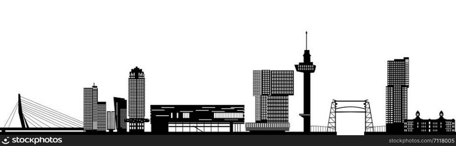 Rotterdam skyline with hotel, landmarks erasmusbridge and modern architecture and text bar the place of the europian song festival 2020. Rotterdam skyline netherlands with text