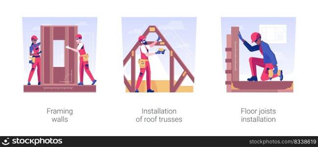 Rough carpentry in residential building isolated concept vector illustration set. Framing walls, installation of roof trusses, floor joists, construction process, hire contractor vector cartoon.. Rough carpentry in residential building isolated concept vector illustrations.